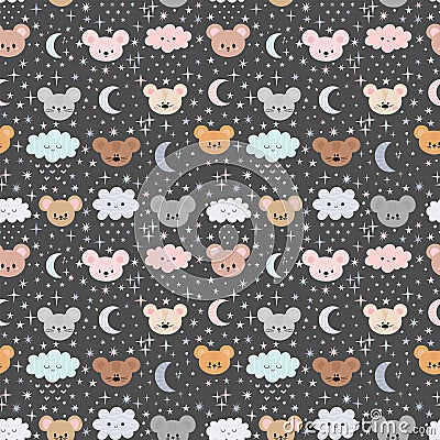 Cute seamless pattern for kids with cartoon little mouses. Lovely animals. Children background with moon, stars and clouds Vector Illustration