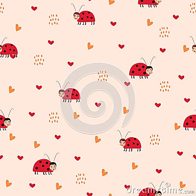Cute seamless pattern with ladybugs and hearts in a flat Scandinavian style. Vector illustration for Valentine s day Vector Illustration