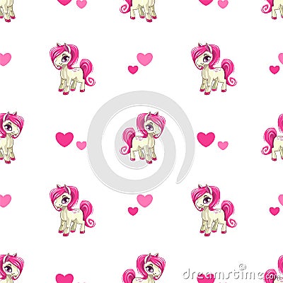 Cute seamless pattern with little cartoon pony Vector Illustration