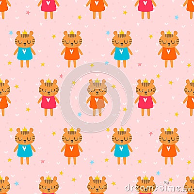 Cute seamless pattern with little tigers. Children background. Funny animals Vector Illustration