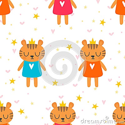 Cute seamless pattern with little tigers. Children background Vector Illustration