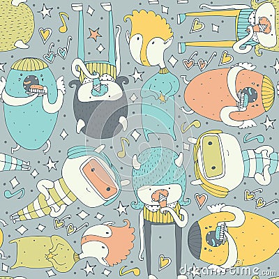 Cute seamless pattern with lovely doodle monsters eating, staying and looking at spectator. Colorful creatures on grey Stock Photo