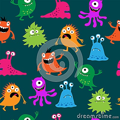 Cute seamless pattern with monsters on a green background Vector Illustration