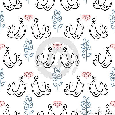 Cute seamless pattern with outlines of enamored birds, hearts and flowers. Sketch, doodle, scribble. Vector Illustration