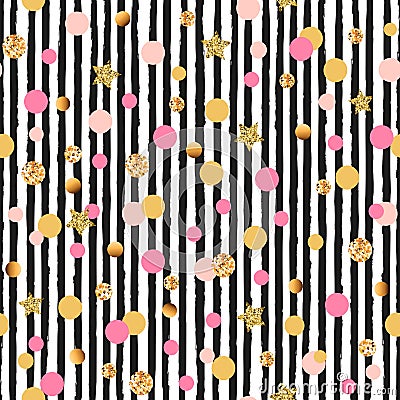 Cute seamless pattern with pink and golden circles and stars, black and white stripes Stock Photo