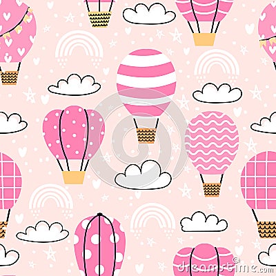 Cute seamless pattern with pink hot air balloons in sky. Childish print with clouds and rainbows. Cartoon dream Vector Illustration