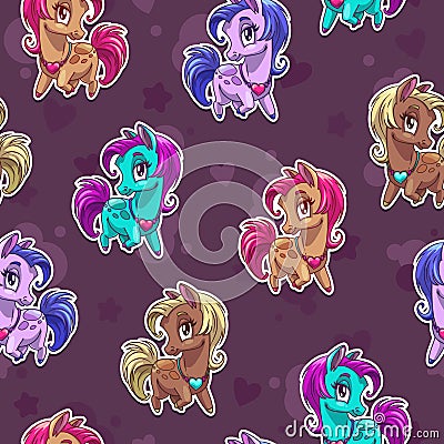 Cute seamless pattern with pretty little pony stickers. Vector Illustration