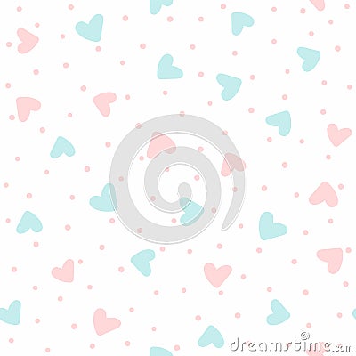 Cute seamless pattern with randomly scattered hearts and round spots. Romantic repeated print. Vector Illustration