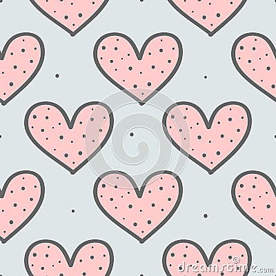 Cute seamless pattern with repeating hearts and round dots. Drawn by hand, sketch, doodle. Vector Illustration