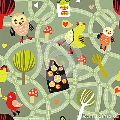 Road seamless pattern with houses and birds Vector Illustration