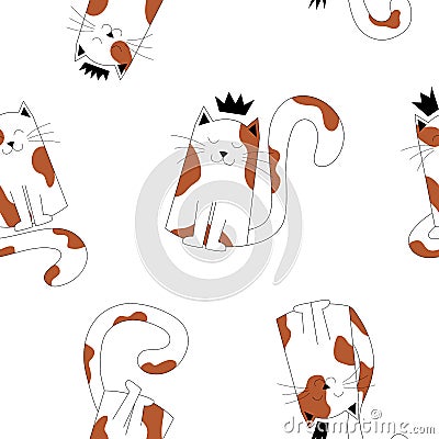 Cute seamless pattern of spotted cats sitting in crowns. Kittens print, cute pets. Cats baby pattern, children's print Vector Illustration