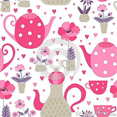 Cute seamless pattern of teatime. Teapots, teacups, flowers in pots, and hearts on white background. Romantic tea party Vector Illustration