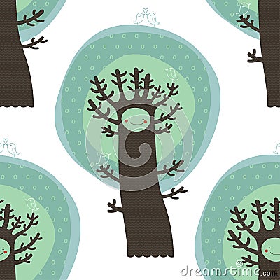 Cute seamless pattern with trees and birds Vector Illustration