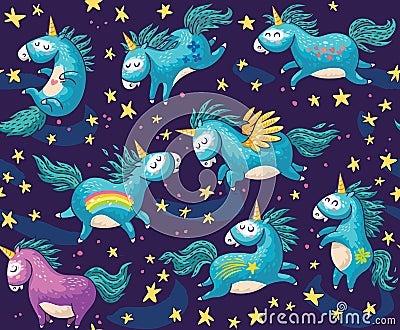 Cute seamless pattern with unicorns in the night sky Vector Illustration