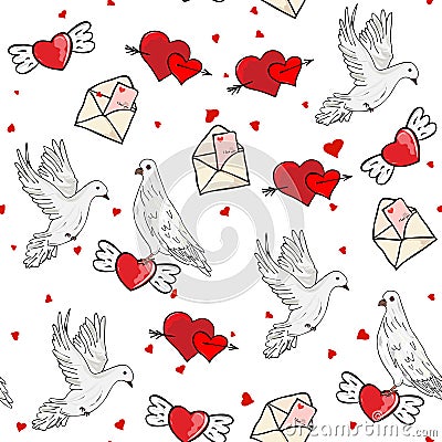 Symbol of the day of lovers hearts, white doves Vector Illustration