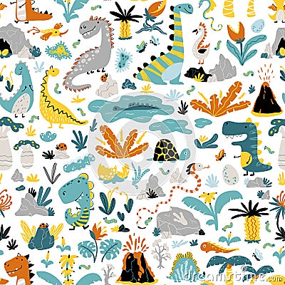 Cute seamless pattern with a variety of dinosaurs, birds, snakes, insects in the jungle, tropics, volcanoes, palm trees Vector Illustration