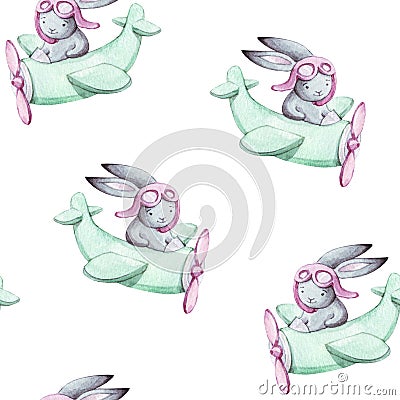 Cute seamless pattern watercolor cartoon bunny on blue airplane. Cartoon Illustration