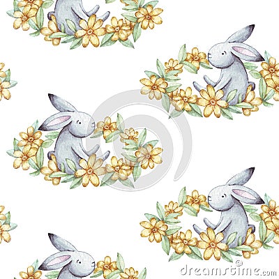 Cute seamless pattern watercolor cartoon bunny with yellow flowers wreath. Summer illustration. Cartoon Illustration