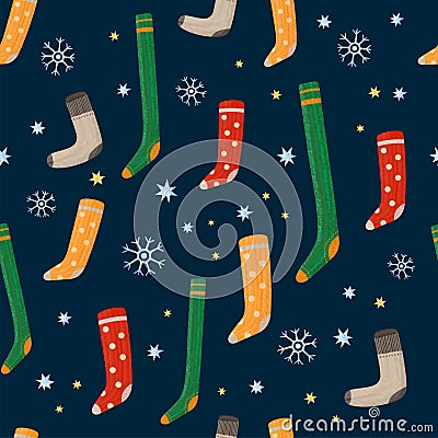 Cute seamless pattern on winter time. Knitted socks and snowflakes on a dark background. Vector illustration. Vector Illustration