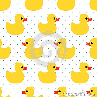 Cute seamless pattern with yellow rubber duck on polka dots background. Vector Illustration