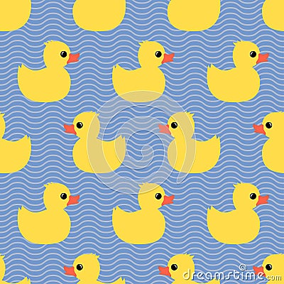 Cute seamless pattern with yellow rubber duck on wave background. Vector Illustration