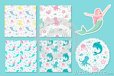 Cute seamless patterns with sea animals. Octopus, dolphin, jellyfish, shell, fish, starfish. Undersea world Design of children`s Cartoon Illustration