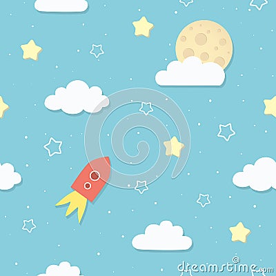 Cute seamless sky pattern with full moon, clouds, stars, and rocket. Cartoon space rocket flying to the Moon. Vector Illustration