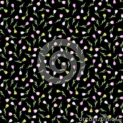 Cute seamless spring summer tiny flower vector pattern on black background. Floral background. Vector Illustration