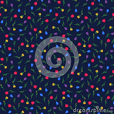 Cute seamless spring summer tiny flowers vector pattern on dark blue background. Vector Illustration