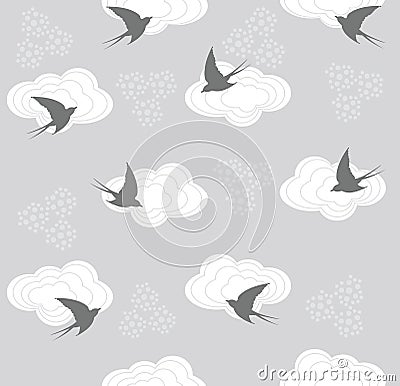 Cute seamless swallow and cloud pattern Vector Illustration