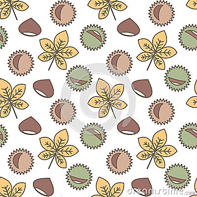 Cute seamless vector pattern background illustration with chestnuts leaves and fruits Vector Illustration