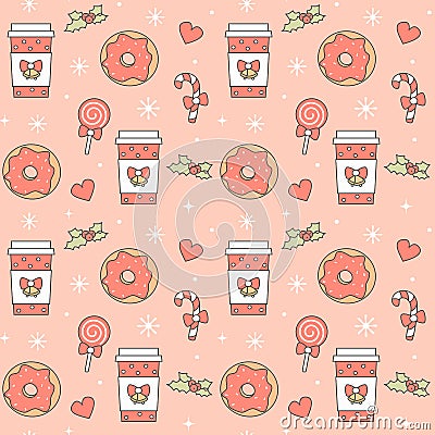 Cute seamless vector pattern background illustration with coffee, donuts, candy cane, stars, snowflakes, lollipop and hearts Vector Illustration