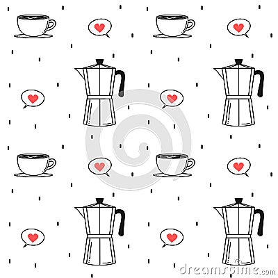 Cute seamless vector pattern background illustration with italian moka coffee espresso and cups Vector Illustration