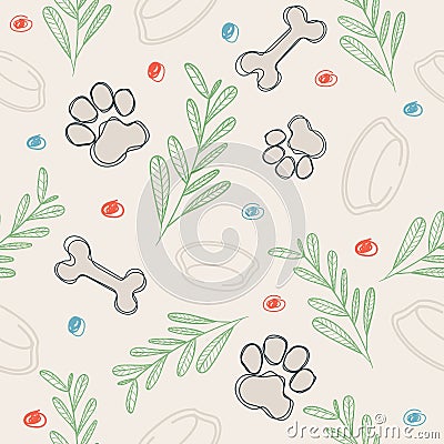 Cute seamless vector pattern with bones, paws and abstract elements, bowl on beige background Vector Illustration