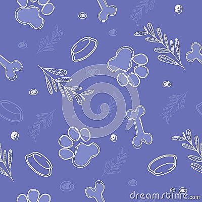 Cute seamless vector pattern with bones, paws, bowl Vector Illustration