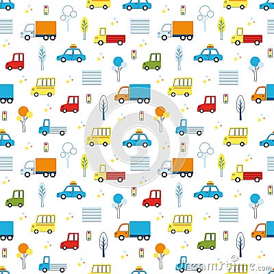 Cute seamless vector pattern with city transport, cars, trucks and buses Vector Illustration