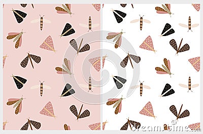 Cute Seamless Vector Pattern with Little Butterflies, Dragonflies and Moths. Vector Illustration