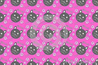 Cute seamless wallpaper with pink background, cartoon cat face pattern, gray herringbone footprints, for cute fashion fabrics, Stock Photo