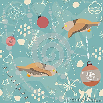 Cute Seamless Winter Pattern with owls and winter doodles. Vector Illustration Stock Photo