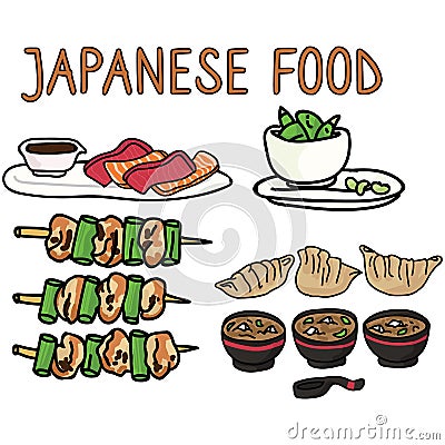 Cute selection of japanese food illustration. Sashimi, edamame, yakitori, gyoza and miso soup cooking typography clipart Vector Illustration