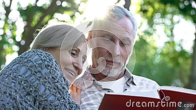 Cute senior couple viewing photoalbum, remembering funny moments of life Stock Photo