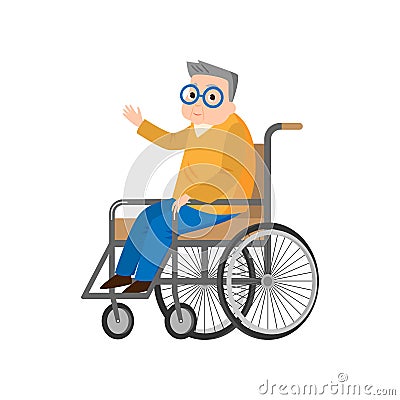 Cute senior man in wheelchair, move up his hand Vector Illustration