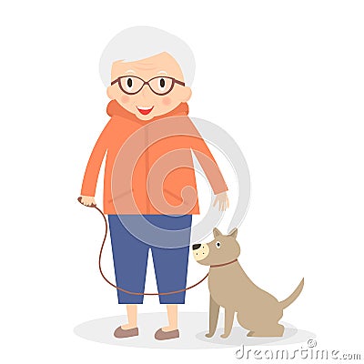 Cute senior woman with dog on the walk. Grandmother in sport clothes. Vector illustration Vector Illustration