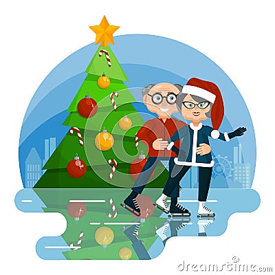 Cute seniors in winter clothes skating on ice rink and having fun at new year, Christmas Vector Illustration