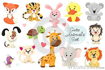 Cute set of animals. Vector animal isolates in cartoon flat style. White background. Vector Illustration