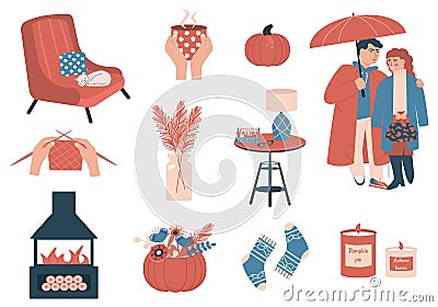 Cute set with autumn and winter cozy elements. Isolated on white background. Holidays hygge prints. Scandinavian danish style. Vector Illustration