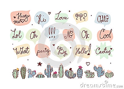 A cute set of cacti and speech bubbles with different words. Tender retro illustration with cacti. Set of handwritten Vector Illustration