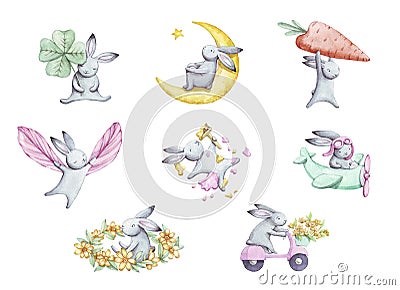 Cute set of cartoon watercolor bunny. Cartoon Illustration