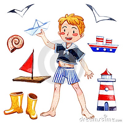 Cute set with a child playing sailor. A boy in a sailor suit, a lighthouse, a paper boat, seagulls, a raft, rubber boots, a shell Cartoon Illustration