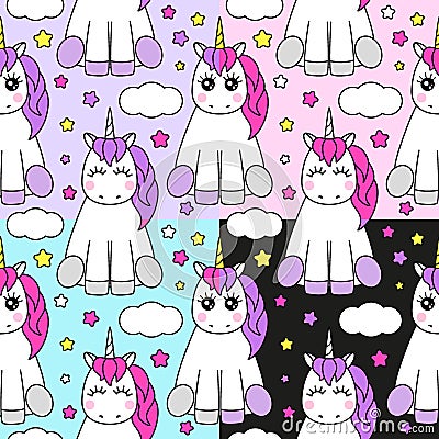 Cute set of childish seamless patterns with cartoon character of magic unicorn Vector Illustration